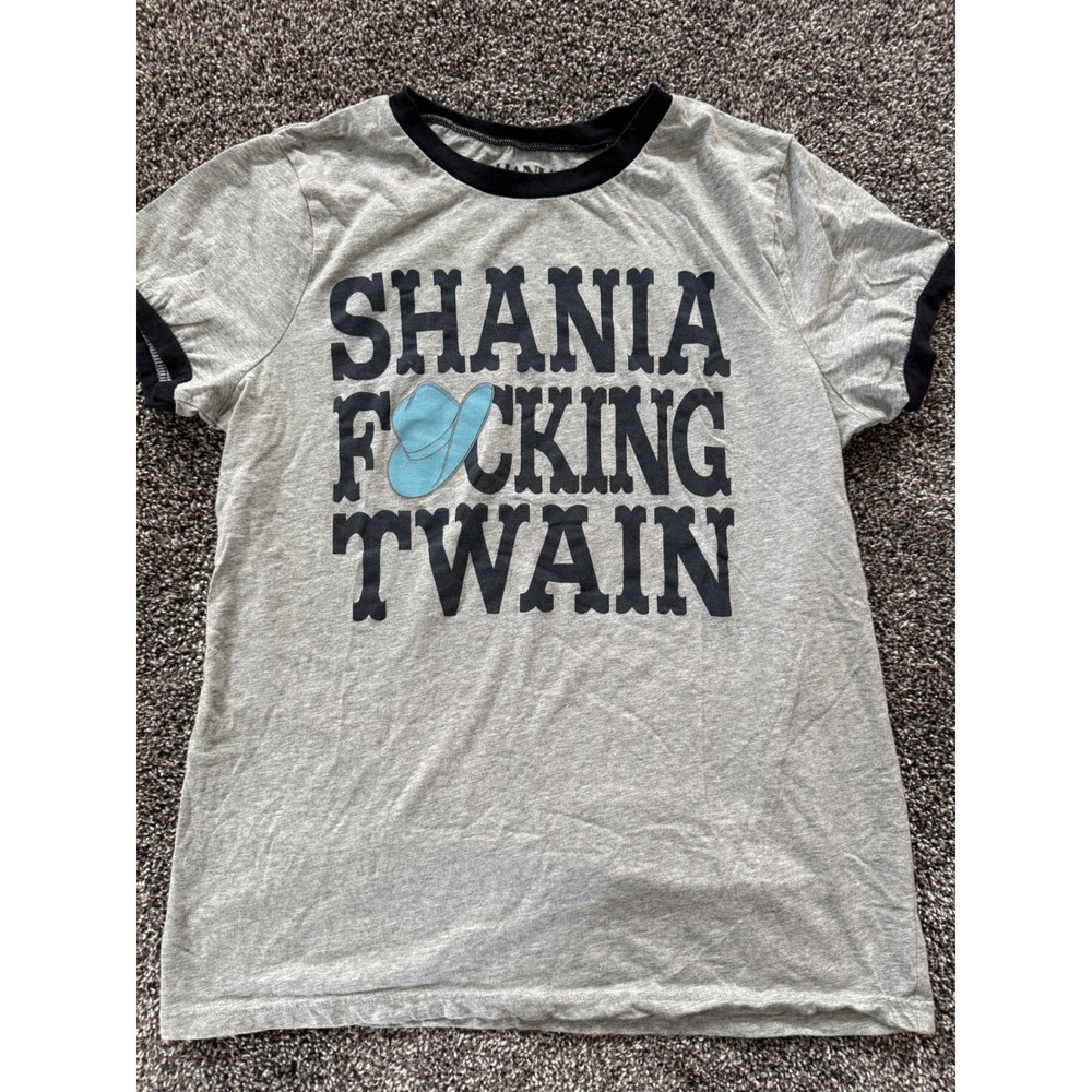 Shania Twain Graphic Ringer T-Shirt Gray Black M 2023 Tour Merch Cowboy Hat